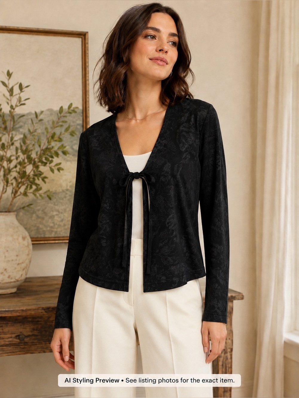 Vittoria Virini Black Floral Tie-Front Crop Jacket Size M